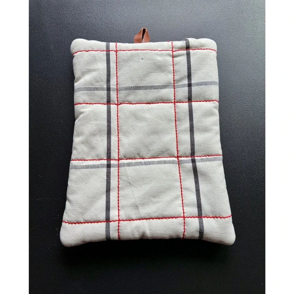 Hearth & Hand Magnolia Plaid Pot Holder Oven Mitt Set Cream Red Gray Farmhouse